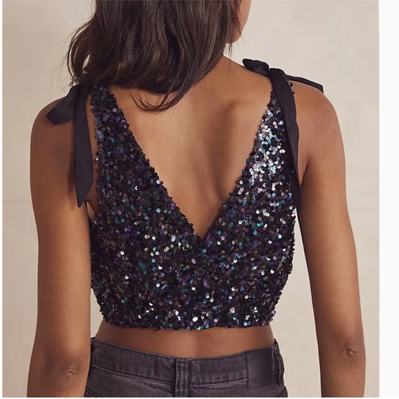 Free People Big Night Sequin Embellished Crop top bra in petrol - Picture 5 of 14